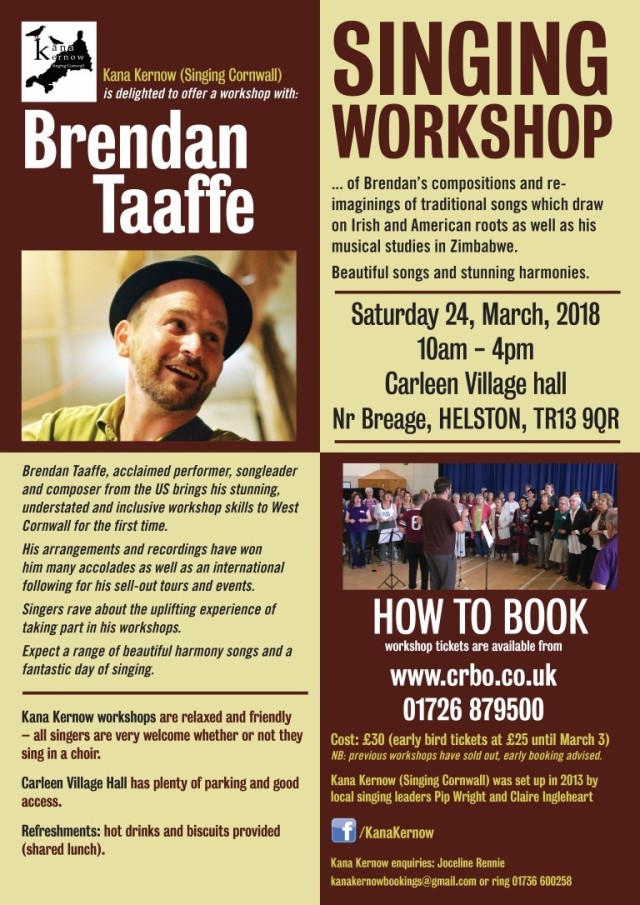 Publicity flier for singing workshop with Brendan Taaffe on 24 March 2018